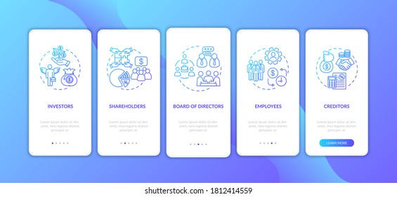 Business regulation onboarding mobile app page screen with concepts. Company management and members. Walkthrough 5 steps graphic instructions. UI vector template with RGB color illustrations