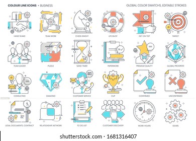 Business related, color line, vector icon, illustration set. The icon is about agreement, strategy, team work, market fit, time management, network, consulting, finance, network ,office,  partnership.