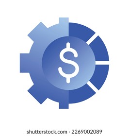 Business related icon. Gear or coin with dollar sign. Metaphor of global finance or international business processes. Gradient sticker. Cartoon flat vector illustration isolated on white background