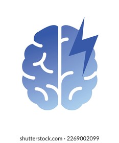 Business related icon. Gradient sticker with brain and lightning. Metaphor for brainstorming and coming up with creative idea for startup. Cartoon flat vector illustration isolated on white background