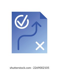 Business related icon. Gradient sticker with arrow between checkmark and cross. Right and wrong choices. Making business decisions. Cartoon flat vector illustration isolated on white background