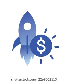 Business related icon. Gradient sticker with rocket taking off and dollar symbol. Entrepreneurship or launching successful startup. Cartoon flat vector illustration isolated on white background