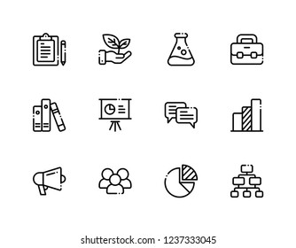 Business related icon sets, outline style, monoline, black white color, vector line icons. Contain sucha as chart, marketing, people, briefcase, book, presentation, organization
