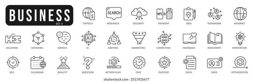 Business related original icons. Network, teamwork, payment, computing, seo, ai etc. Editable stroke. Set 3