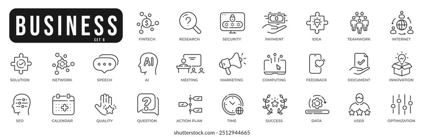 Business related original icons. Network, teamwork, payment, computing, seo, ai etc. Editable stroke. Set 6