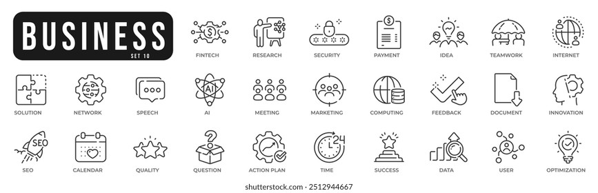 Ícones originais relacionados à empresa. Rede, trabalho em equipe, pagamento, computação, seo, ai etc. Traçado editável. Conjunto 10