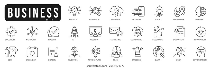 Business related original icons. Network, teamwork, payment, computing, seo, ai etc. Editable stroke. Set 11