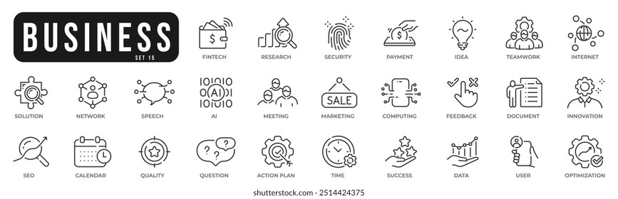 Business related original icons. Network, teamwork, payment, computing, seo, ai etc. Editable stroke. Set 15