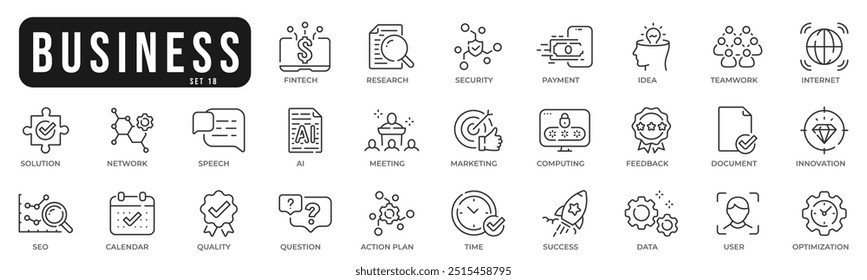 Ícones originais relacionados à empresa. Rede, trabalho em equipe, pagamento, computação, seo, ai etc. Traçado editável. Conjunto 18