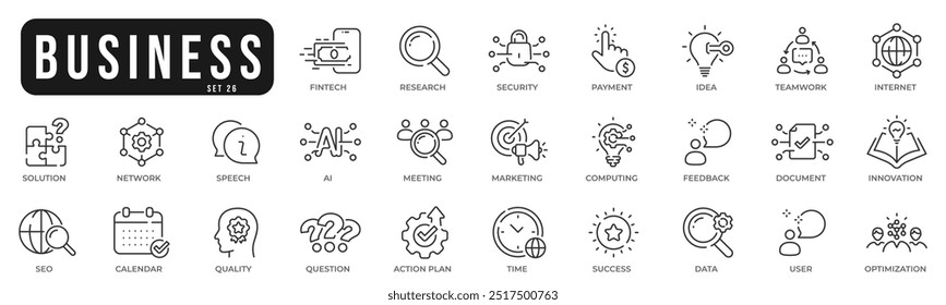 Ícones originais relacionados à empresa. Rede, trabalho em equipe, pagamento, computação, seo, ai etc. Traçado editável. Conjunto 26