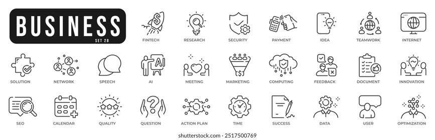 Business related original icons. Network, teamwork, payment, computing, seo, ai etc. Editable stroke. Set 28