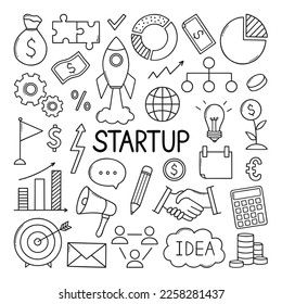 Business related and startup doodle set. Marketing, money, rocket, diagrams in sketch style.  Hand drawn vector illustration isolated on white background.