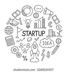 Business related and startup doodle set. Marketing, money, rocket, diagrams in sketch style.  Hand drawn vector illustration isolated on white background.