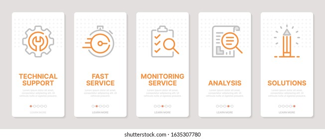 Business related vertical cards. Mobile app onboarding screens Templates for a website. Icons with editable stroke