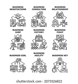 Vektorgrafiken von Business Relation Set-Symbolen. Geschäftsbeziehungen und Verhandlungen, Girl Jump and Consulting, Kampf und Sieg, Agilität und Key. Geschäftsleute besetzen schwarze Illustration