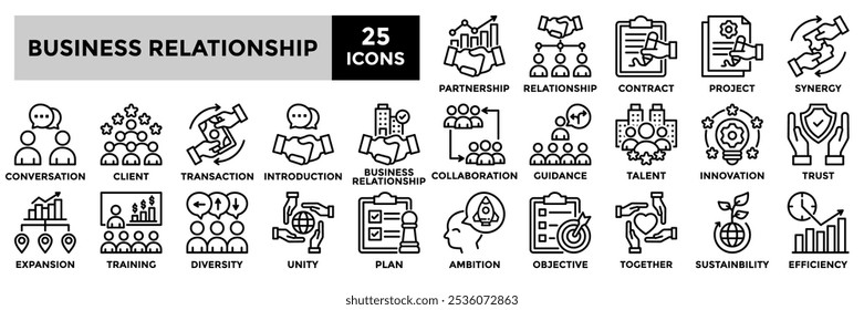 Symbolsammlung für Geschäftsbeziehung. Enthaltend Beziehung, Zusammenarbeit, Partnerschaft, Client, Kommunikation Symbol. Einfache Linienvektorgrafik.