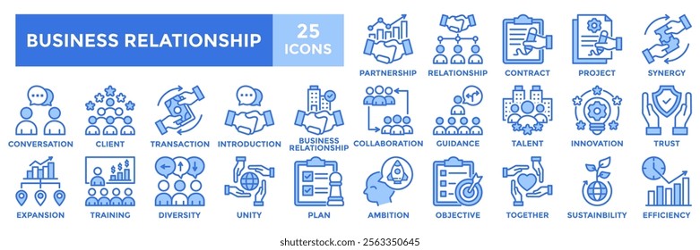 Business relationship icon collection set. Containing relationship, collaboration, partnership ,client and communication icon. Simple flat vector illustration.	