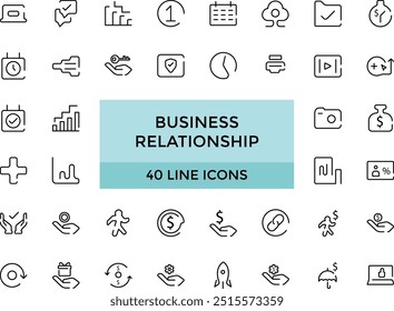Business relationship icon set, Vector set of linear icons, team work and human resource management. Editable Stroke icon Set. Pixel Perfect.