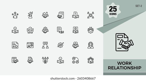 Business Relationship line icons. Pack of management, business, employee, leadership, organization, project. Collection for mobile and web apps. Minimalist icon.