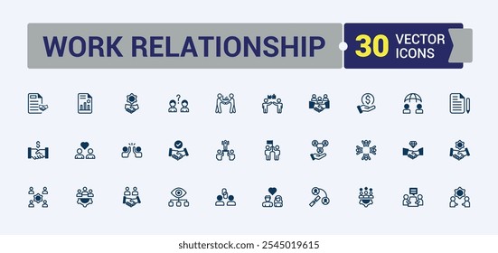 Business Relationship Liner Ikonensammlung. Umfasst schlanke Hand, Mitarbeiter, Partnerschaft, Unternehmen, Hilfe, Zusammenarbeit, Teamarbeit, Gruppe. Gliederungssymbolsammlungen. Bearbeitbarer Vektorstrich.