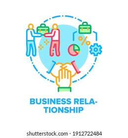 Concepto de icono de vectores de equipo de relaciones comerciales. Relación De Colegas Y Trabajo En Equipo, Análisis Del Proceso De Trabajo Y Beneficio, Ilustración De Color De Comunicación De Saludos Corporativos De Compañía