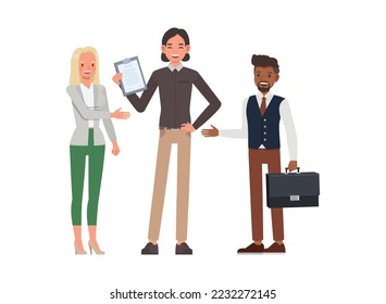 Business relationships concept. Office man and woman character vector design. Business people working in office planning, thinking and economic analysis on isolated white background.