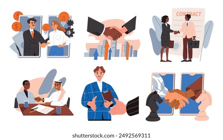 Relaciones comerciales. Empresarios y gerentes de empresas dándose la mano. Los empresarios hacen trato, Acuerdo o contrato en las negociaciones. Colección de Ilustración vectorial plana aislada sobre fondo blanco