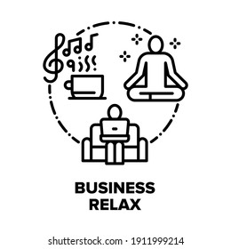 Concepto de icono del vector Relax de negocios. Empresario Trabajando En Cómodos Sofás Con Portátil, Bebida Y Música De Escucha, Relajación De Hombre De Negocios Y Ejercicio De Yoga Ilustración Negra