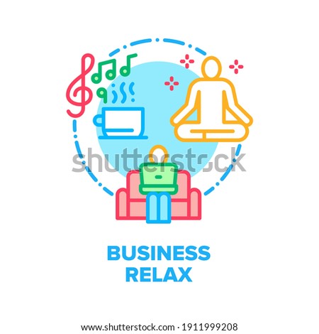 Business Relax Vector Icon Concept. Businessman Working On Comfortable Sofa With Laptop, Drink Beverage And Listening Music, Business Man Relaxing And Yoga Exercising Color Illustration