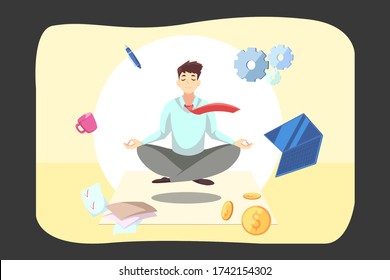 Business, relaxation, meditation, rest concept. Young businessman clerk manager employee meditating relaxing in lotus pose in office. Practicing mindfullness stress relief yoga exercises at workplace.