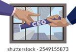 business relay race, close-up of businessman passing CEO baton to businesswoman looking up through the glass ceiling with buildings in the background