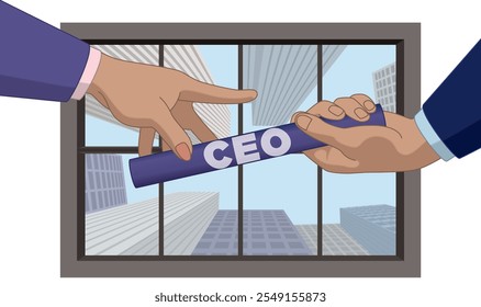 business relay race, close-up of businessman passing CEO baton to businesswoman looking up through the glass ceiling with buildings in the background