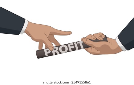 business relay race, close-up of business hands passing the baton of profit isolated on a white background