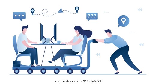 Business Relocation. Businessman Push Cart With Office Workplace. Global Relocation Of Business. Employees Or Manager Working At Desk With Computers. Globalization, Teamwork. Flat Vector Illustration