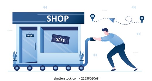 Business Relocation. Businessman Pushes Cart With Shop Building. Global Relocation Of Retail Business. Opening Or Closing Of Trading Network. Globalization, Concept. Flat Vector Illustration