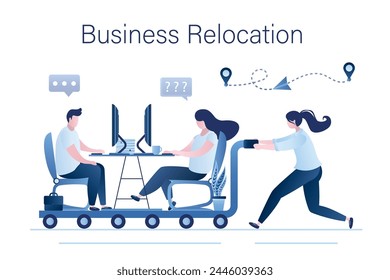 Business relocation. Businesswoman push cart with office workplace. Global relocation of business. Employees or manager working at desk with computers. Globalization, concept. Flat vector illustration