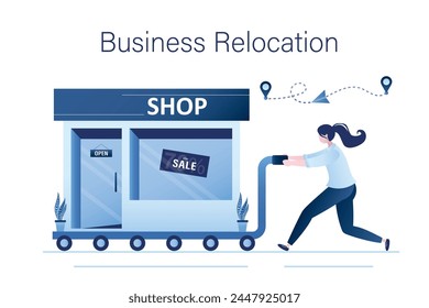 Business relocation. Businesswoman pushes cart with shop building. Global relocation of business. Opening or closing of trading network. Globalization, concept. Flat vector illustration