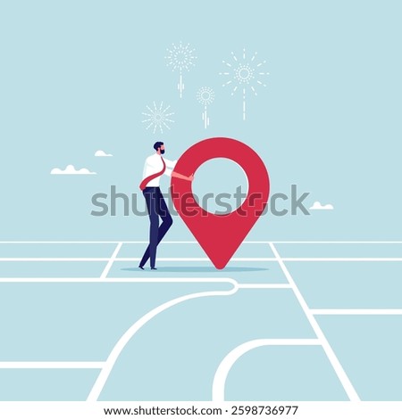 Business relocation concept, moving office to new location address or transfer to new workplace, businessman carry address pin on map