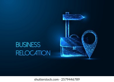 Business relocation futuristic concept with briefcase, location pin, and direction sign on dark blue background. Glowing digital design. Corporate moving management. Abstract vector illustration.