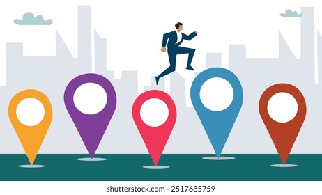 Business relocation, move office to new address or transfer to new location concept, businessman company owner jumping from map navigation pin to new one metaphor of relocation.