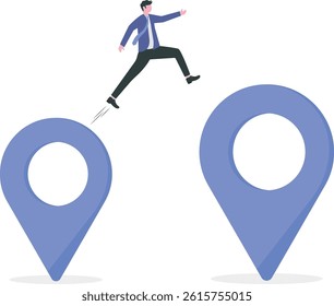 Business relocation, move office to new address or transfer to new location concept, businessman company owner jumping from map navigation pin to new one metaphor of relocation.

