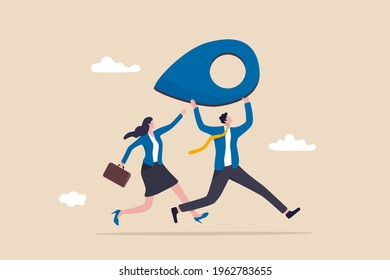 Business Relocation Moving Office To New Location Address Concept, Happy Businessman And Businesswoman People Carry Address Pin Or Map Mark Running To New Destination.