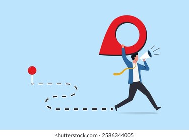 Business relocation moving office to new location address concept, Manager carry address pin and hold megaphone to announcement 