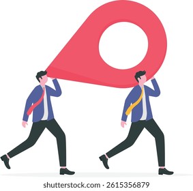 Business relocation moving office to new location address concept, happy businessman and businessman people carry address pin or map mark running to new destination.

