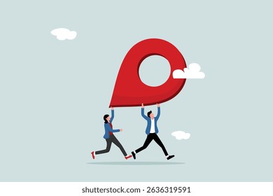 Business relocation moving office to new location address concept, happy businessmen and businesswomen carrying address pins or map markers running to new destination.