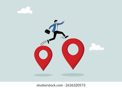 Business relocation, moving office to new address or moving to new location, business owner concept. Entrepreneurs jumping from map navigation pins to new relocation metaphors.