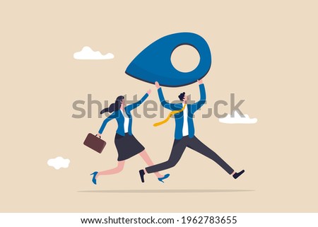 Business relocation moving office to new location address concept, happy businessman and businesswoman people carry address pin or map mark running to new destination.