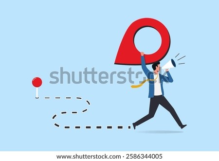 Business relocation moving office to new location address concept, Manager carry address pin and hold megaphone to announcement 