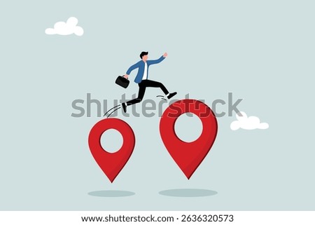 Business relocation, moving office to new address or moving to new location, business owner concept. Entrepreneurs jumping from map navigation pins to new relocation metaphors.