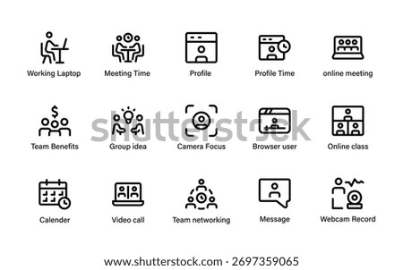 Business and remote work icon set featuring team collaboration, video meetings, and online communication technology